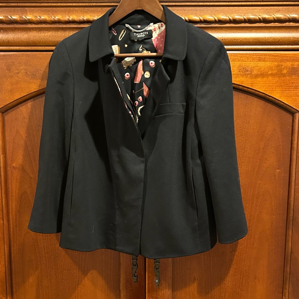 Talbots Women's Black Jacket with Pink and Gold Lining, 3/4 sleeve